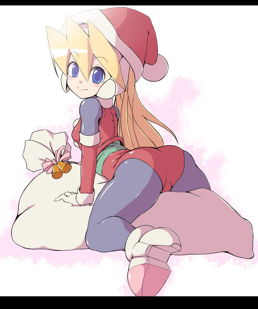 1girl black_legwear blonde_hair blue_eyes ciel_(rockman) hat high_heels red_hat rockman rockman_zero sack santa_hat semikichi smile solo