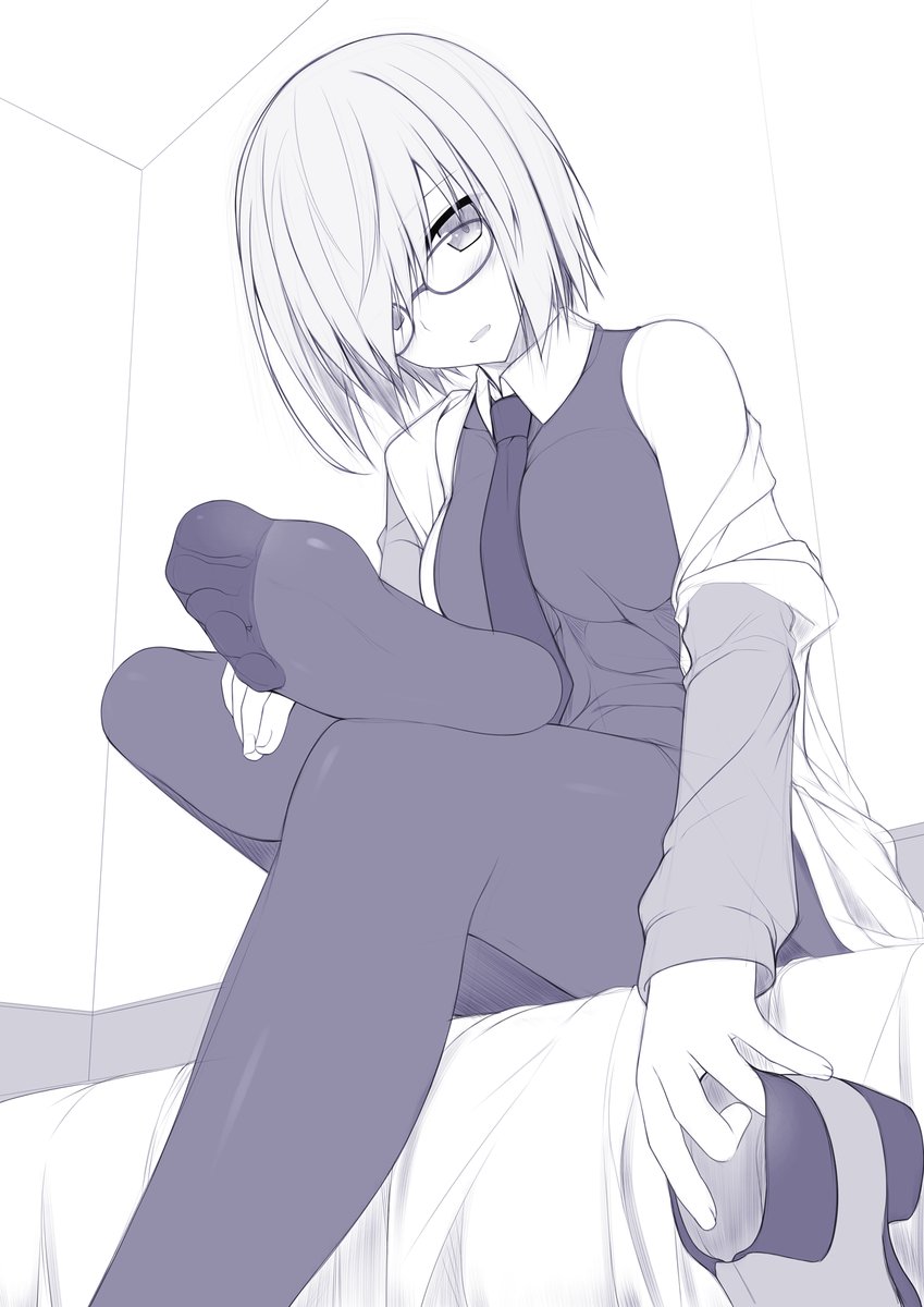1girl fate/grand_order fate_(series) feet female glasses highres looking_at_viewer monochrome naturalton pantyhose shielder_(fate/grand_order) shoes_removed short_hair sketch soles solo toes white_background