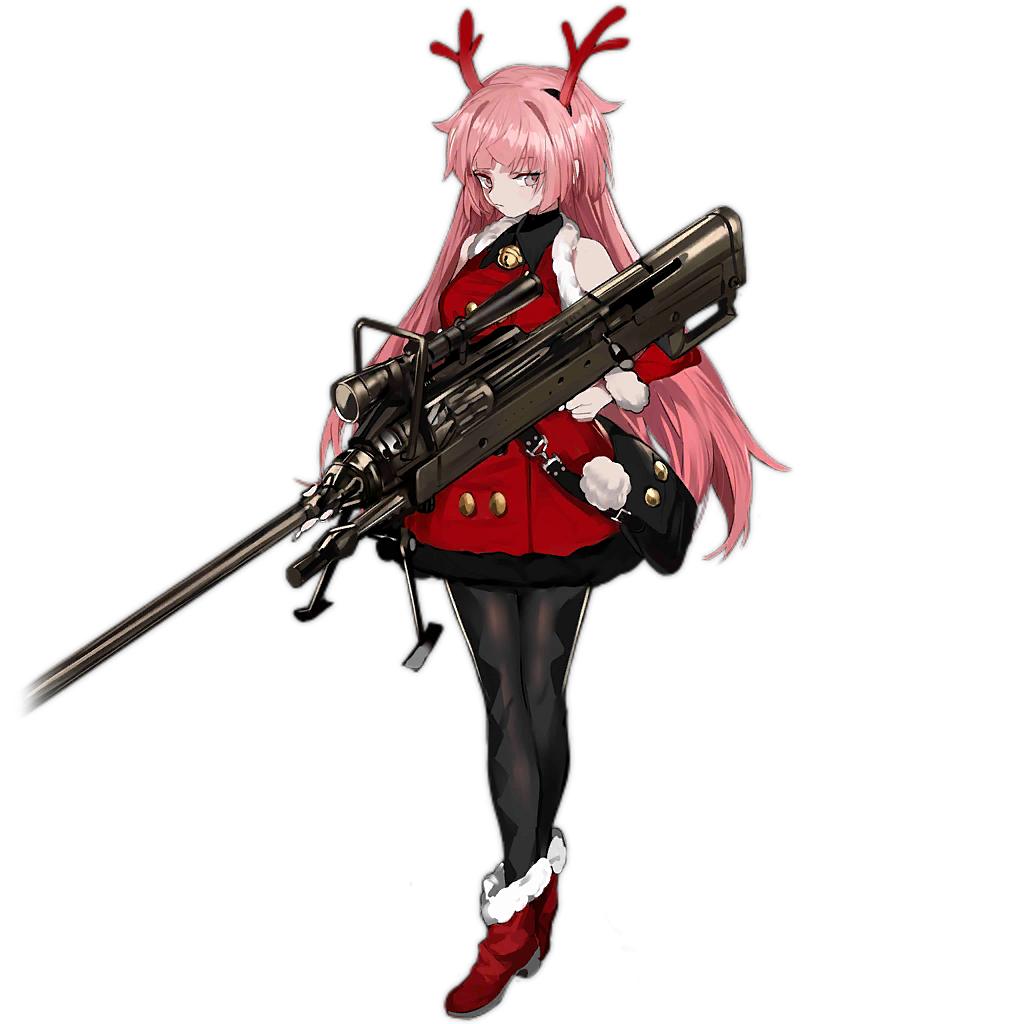 1girl alternate_costume anti-materiel_rifle antlers bag bare_shoulders bipod black_legwear buttons closed_mouth detached_sleeves eyebrows eyebrows_visible_through_hair full_body fur-trimmed_dress fur-trimmed_sleeves girls_frontline gun hair_over_shoulder hairband holding holding_gun holding_weapon long_hair long_sleeves looking_at_viewer nose ntw-20 ntw-20_(girls_frontline) official_art pantyhose personification pink_eyes pink_hair reindeer_antlers rifle scope sniper_rifle solo standing transparent_background trigger_discipline very_long_hair weapon