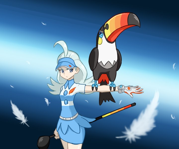 &gt;:( 1girl ahoge aqua_hair beak bird bird_on_arm bird_wings blue_hat blue_skirt bracelet breasts buttons closed_mouth collared_shirt elite_four feathers frown gloves golf_club hat holding jewelry kahili_(pokemon) kurogane_hagane lavender_eyes long_hair looking_away looking_to_the_side medium_breasts miniskirt outstretched_arm pencil_skirt pokemon pokemon_(creature) pokemon_(game) pokemon_sm shirt short_sleeves single_glove skirt standing striped striped_shirt toucan toucannon white_gloves wings z-ring