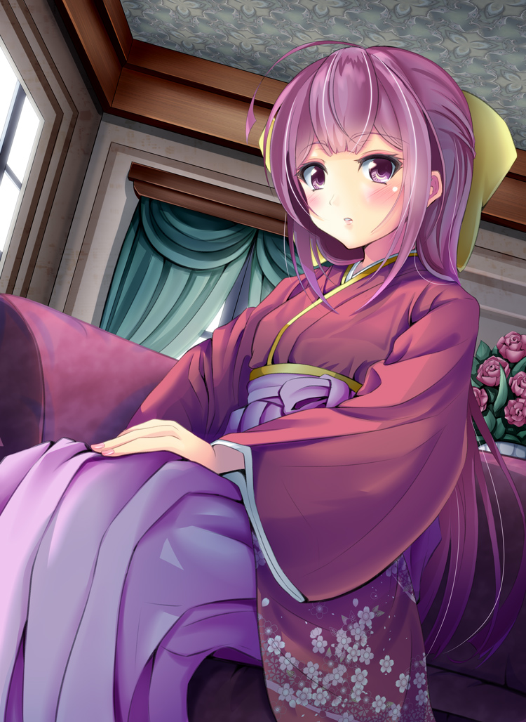 blush hakama kamikaze_(kantai_collection) kantai_collection kimono long_hair personification purple_eyes smile violet_hair