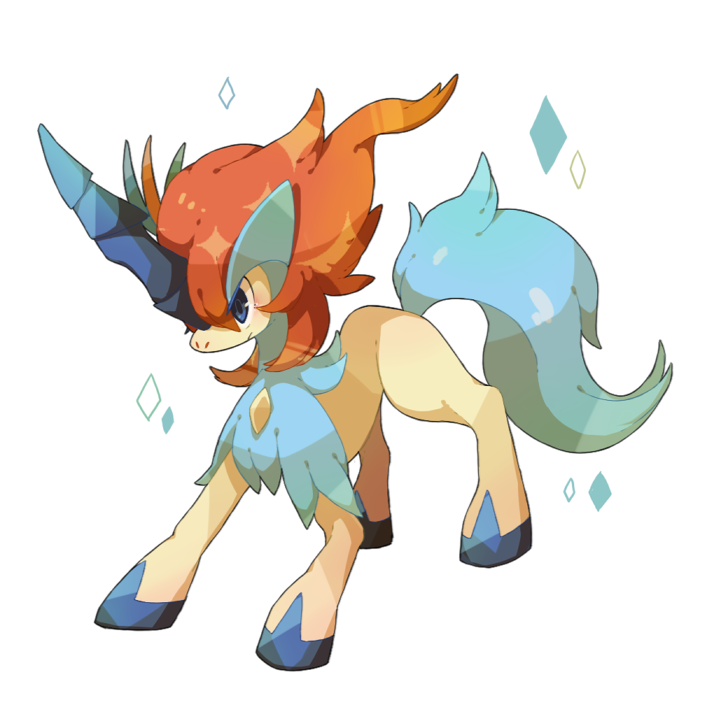 blue_eyes blush closed_mouth fighting_stance full_body horn keldeo mythical_pokemon no_humans pokemon pokemon_(creature) simple_background standing white_background