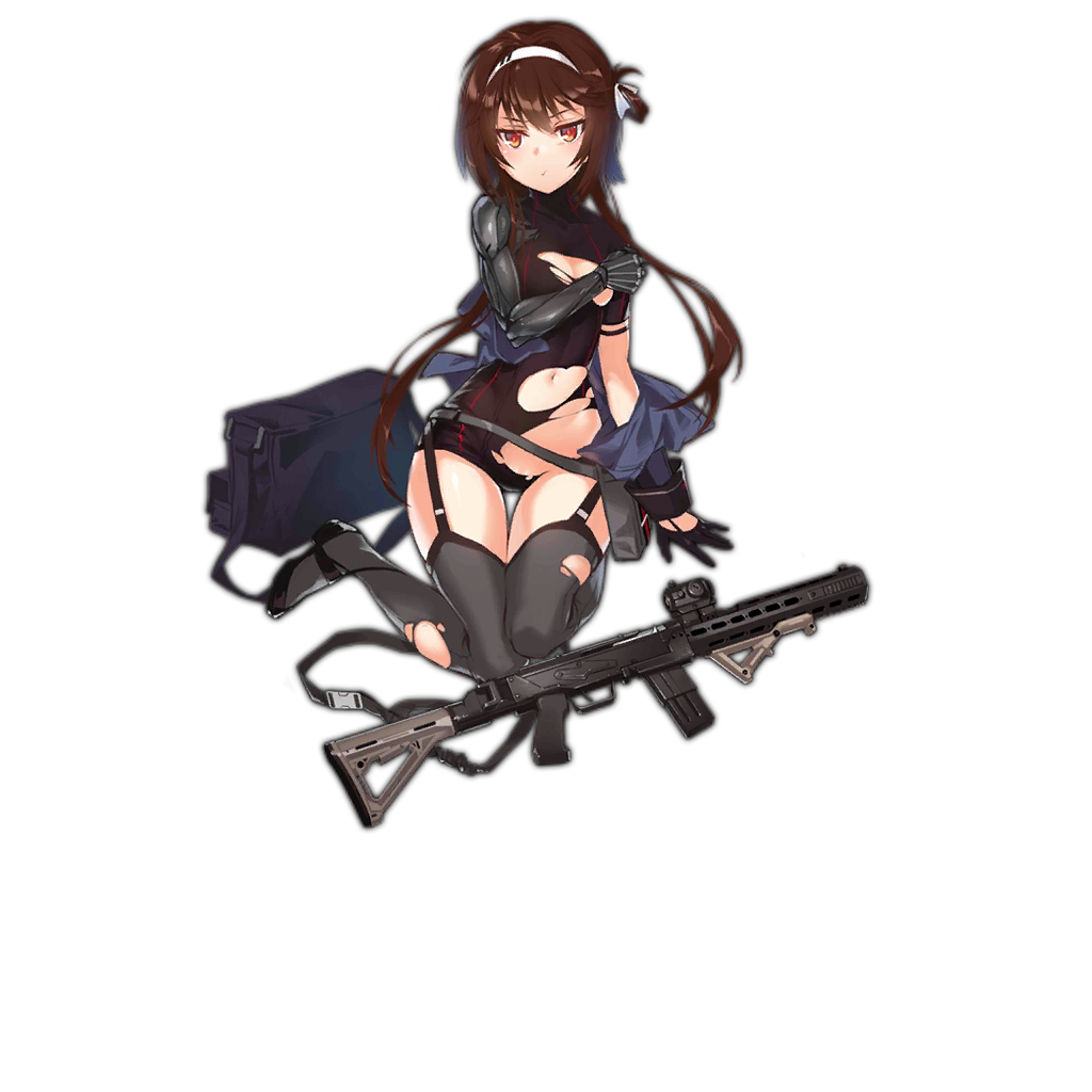 1girl :t artist_request brown_hair covering covering_breasts garter_straps girls_frontline gloves gun hairband long_hair looking_at_viewer magazine_(weapon) official_art pout red_eyes rifle thigh-highs torn_clothes type_79_(girls_frontline) type_79_smg weapon