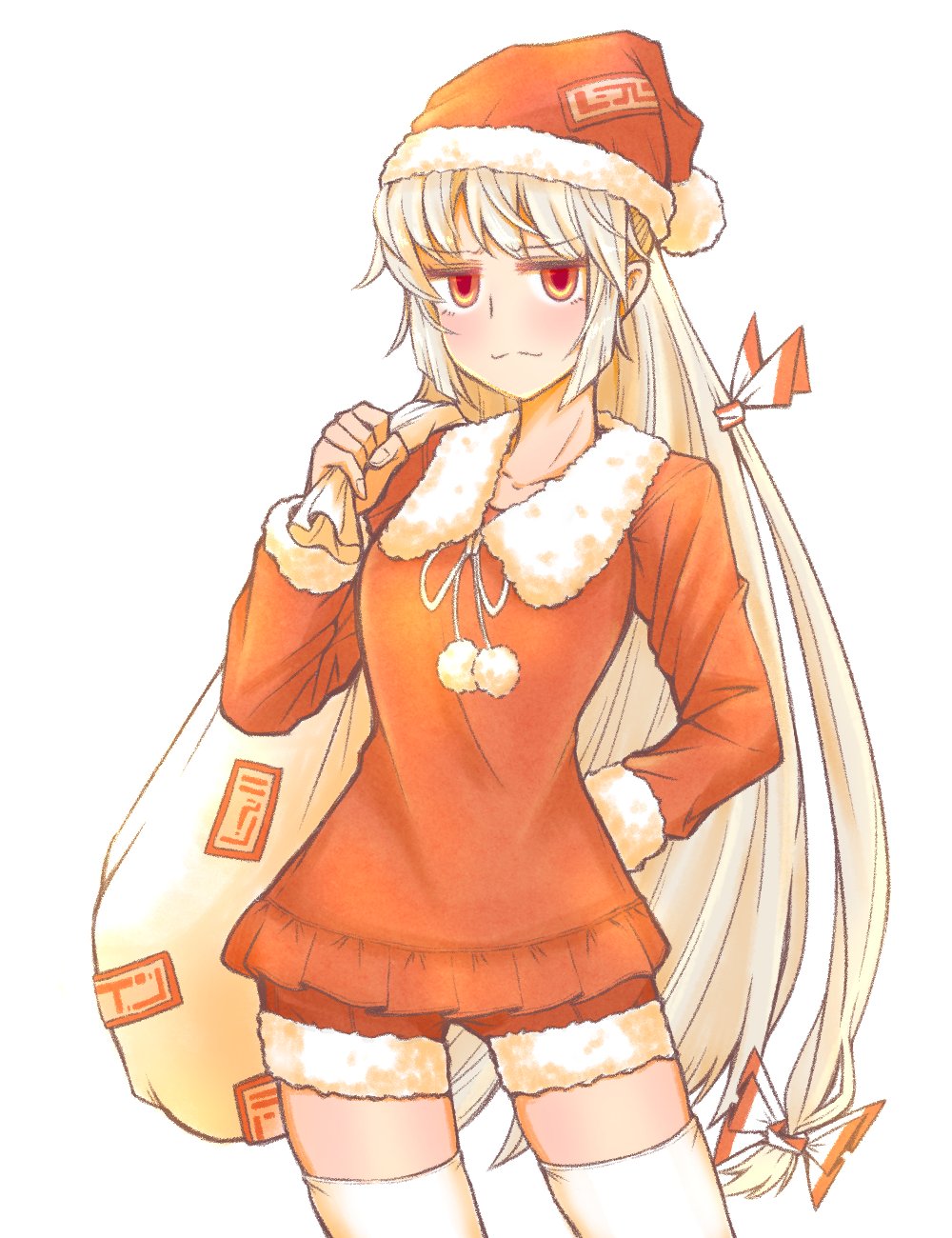 1girl :3 alison_(alison_air_lines) alternate_costume alternate_hair_color bangs beige_hair blouse blunt_bangs blush bow breasts carrying_bag carrying_over_shoulder collarbone cowboy_shot fingernails frilled_shirt frills fujiwara_no_mokou fur_trim gradient_hair hair_bow hand_on_hip hat highres long_hair long_sleeves looking_at_viewer medium_breasts multicolored_hair neck outline pom_pom_(clothes) red_eyes red_shirt red_shorts ribbon santa_costume santa_hat shirt short_shorts shorts simple_background skindentation smug solo thigh-highs thighs touhou very_long_hair white_background