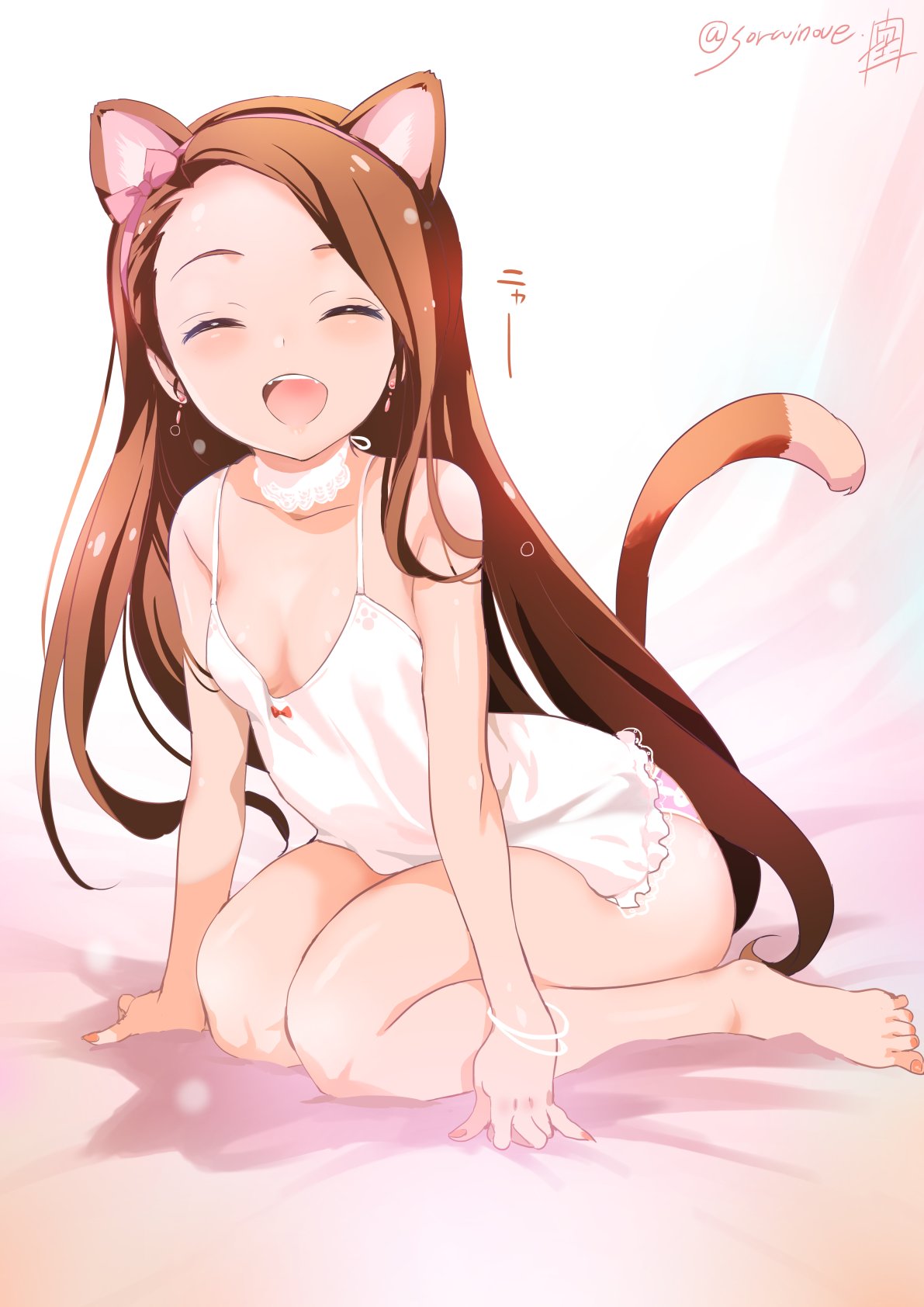 1girl animal_ears arm_support bangs bare_legs bare_shoulders barefoot bow bracelet breasts brown_hair camisole cat_ears cat_tail cleavage closed_eyes earrings feet hair_bow hairband highres idolmaster inoue_sora jewelry leaning_forward long_hair minase_iori open_mouth panties pink_eyes pink_panties print_panties sitting small_breasts solo swept_bangs tail toes twitter_username underwear underwear_only wariza