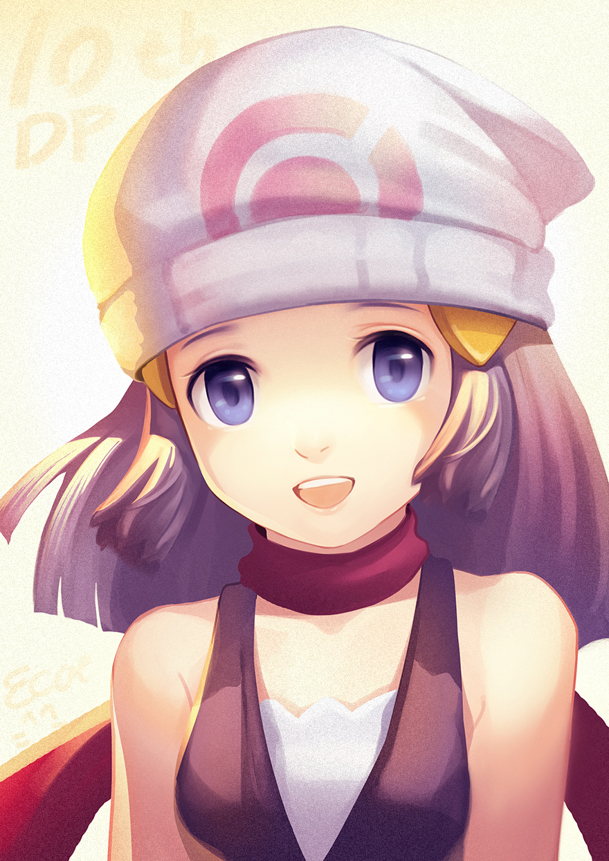 1girl bare_shoulders beanie blue_eyes blue_hair dress ecat hair_ornament hairclip hat highres hikari_(pokemon) long_hair looking_at_viewer matching_hair/eyes open_mouth pokemon pokemon_(game) pokemon_dppt scarf sleeveless sleeveless_dress solo upper_body white_background