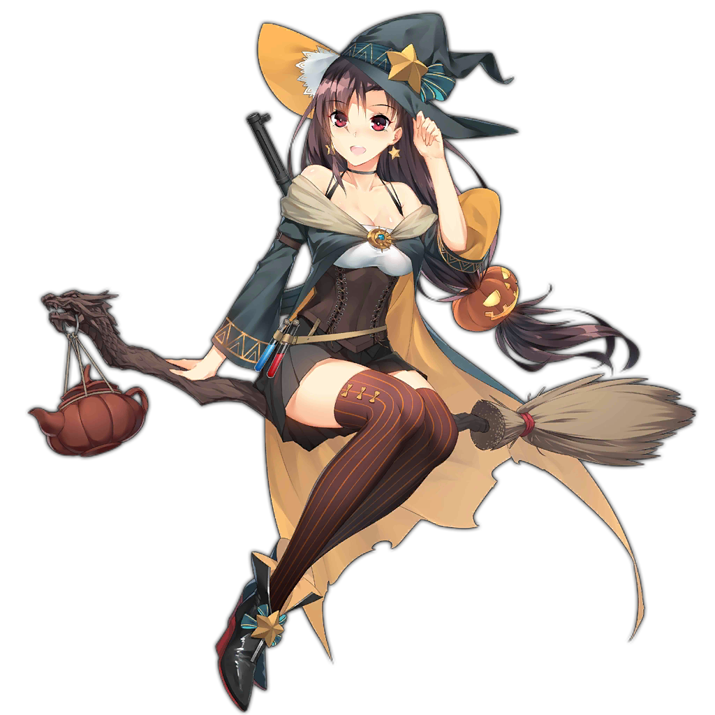 1girl artist_request broom broom_riding full_body girls_frontline gun halloween hat high_heels kettle long_hair looking_at_viewer off_shoulder official_art purple_hair smile submachine_gun thigh-highs transparent_background type_64_(girls_frontline) type_64_smg violet_eyes weapon witch witch_hat