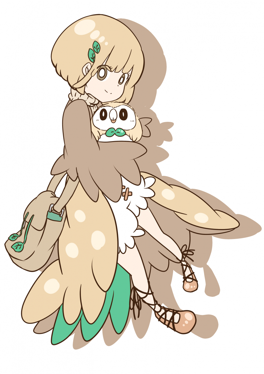 1girl bag bangs beak bird bird_wings bob_cut bright_pupils brown_eyes brown_jacket brown_shoes carrying closed_mouth eyes_visible_through_hair feathered_wings feathers full_body hair_ornament handbag highres jacket koyori-018 leaf leaf_hair_ornament light_brown_hair long_sleeves moemon no_eyebrows open_clothes open_jacket overskirt owl personification pigeon-toed pokemon pokemon_(creature) pokemon_(game) pokemon_sm puffy_shorts ribbed_sweater rowlet shoes short_hair shorts silhouette simple_background smile sweater turtleneck turtleneck_sweater white_background white_shorts wings