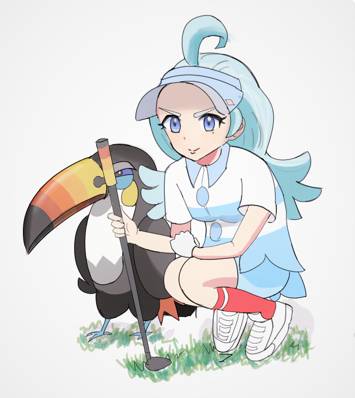 &gt;:) 1girl amehaato aqua_hair beak bird blue_hat blue_skirt closed_mouth collared_shirt elite_four feathers gloves golf_club grass hat kahili_(pokemon) lavender_eyes long_hair miniskirt mole mole_under_eye pencil_skirt pokemon pokemon_(creature) pokemon_(game) pokemon_sm shirt short_sleeves silver_background simple_background single_glove skirt squatting striped striped_shirt tiptoes toucan toucannon