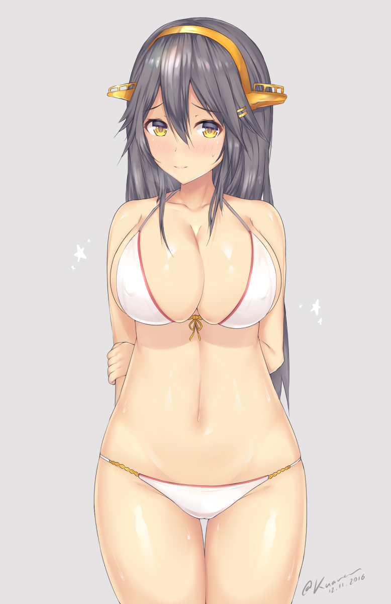1girl bare_shoulders breasts cowboy_shot dated hairband haruna_(kantai_collection) headgear highres kantai_collection kuavera large_breasts navel signature simple_background