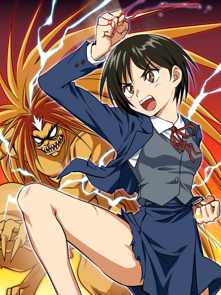 1girl black_hair blood bloody_hands blue_jacket blue_skirt brown_eyes clenched_hand commentary_request demon dress_shirt fighting_stance hawawani jacket kicking looking_to_the_side nakamura_asako open_clothes open_jacket open_mouth ribbon school_uniform shirt short_hair skirt standing tora_(ushio_to_tora) torn_clothes torn_skirt ushio_to_tora vest white_shirt