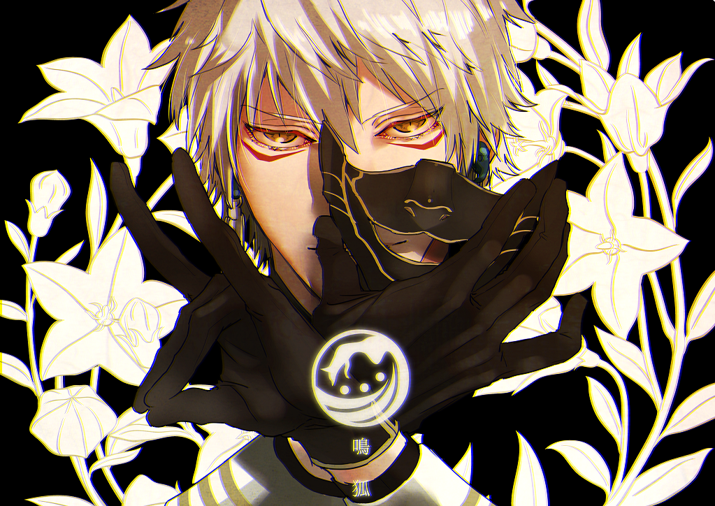 1boy black_background black_gloves bud earrings eyebrows_visible_through_hair face facepaint floral_background fox_shadow_puppet gloves hair_between_eyes holding_mask jewelry light_smile logo long_sleeves looking_at_viewer mad369 male_focus mask mask_removed nakigitsune silver_hair solo touken_ranbu yellow_eyes