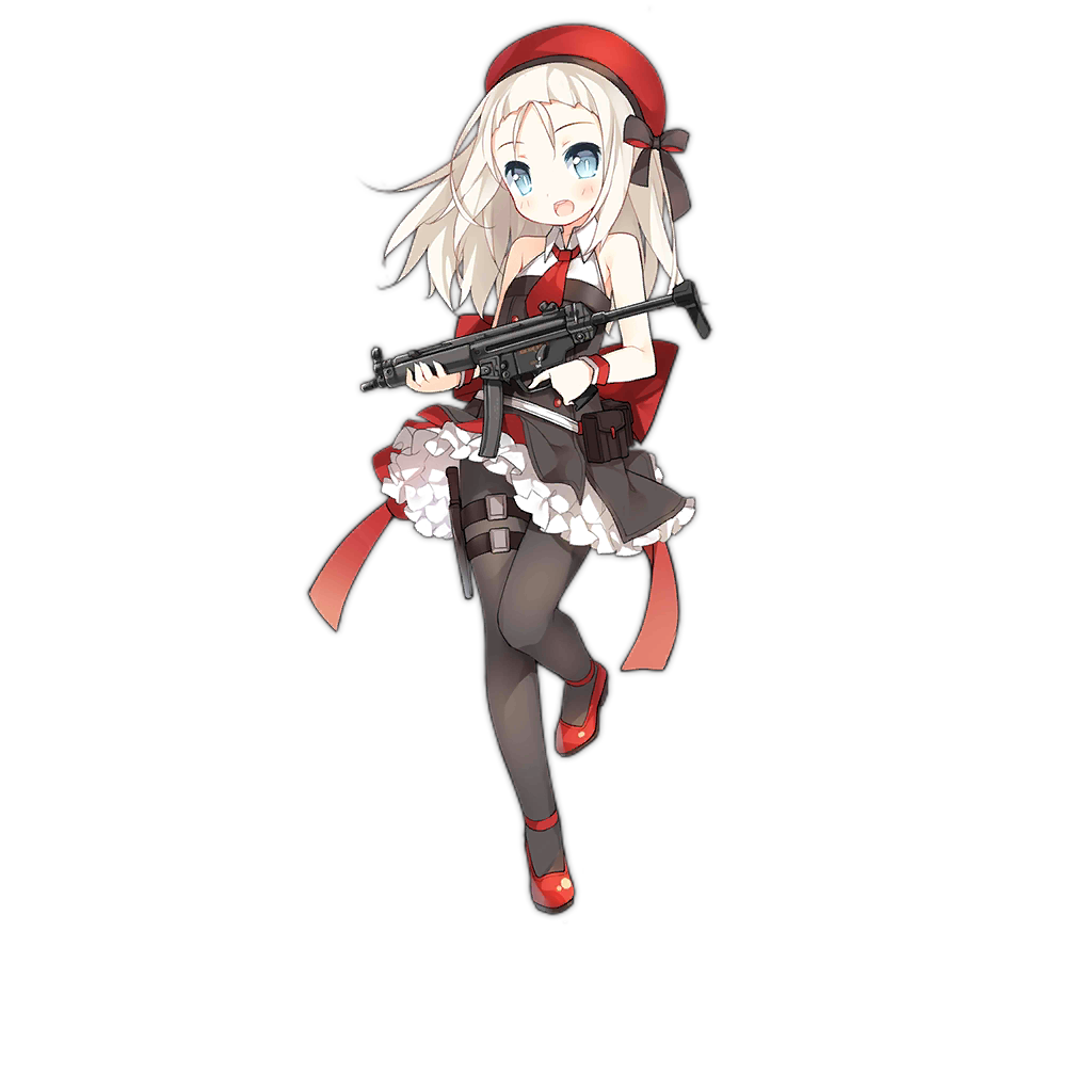 1girl :d artist_request beret blue_eyes full_body girls_frontline gun h&amp;k_mp5 hat heckler_&amp;_koch holding holding_weapon long_hair looking_at_viewer magazine_pouch mp5_(girls_frontline) necktie official_art open_mouth pantyhose smile submachine_gun transparent_background trigger_discipline weapon white_hair