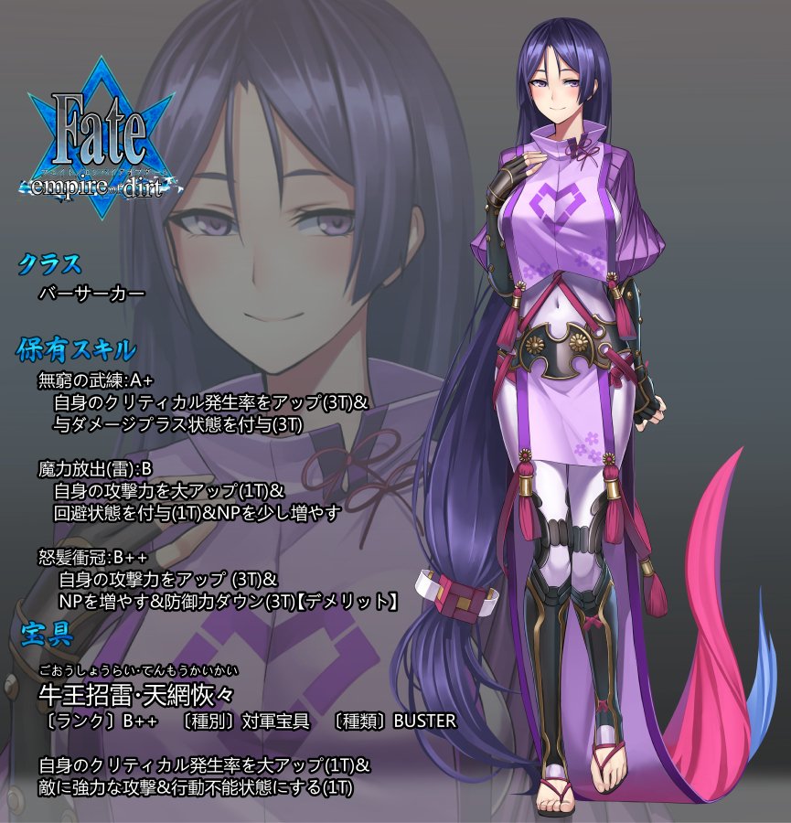 1girl bodysuit breasts fate/empire_of_dirt fate/grand_order fate_(series) large_breasts long_hair looking_at_viewer minamoto_no_raikou_(fate/grand_order) purple_hair shijiu_(adamhutt) smile solo very_long_hair violet_eyes