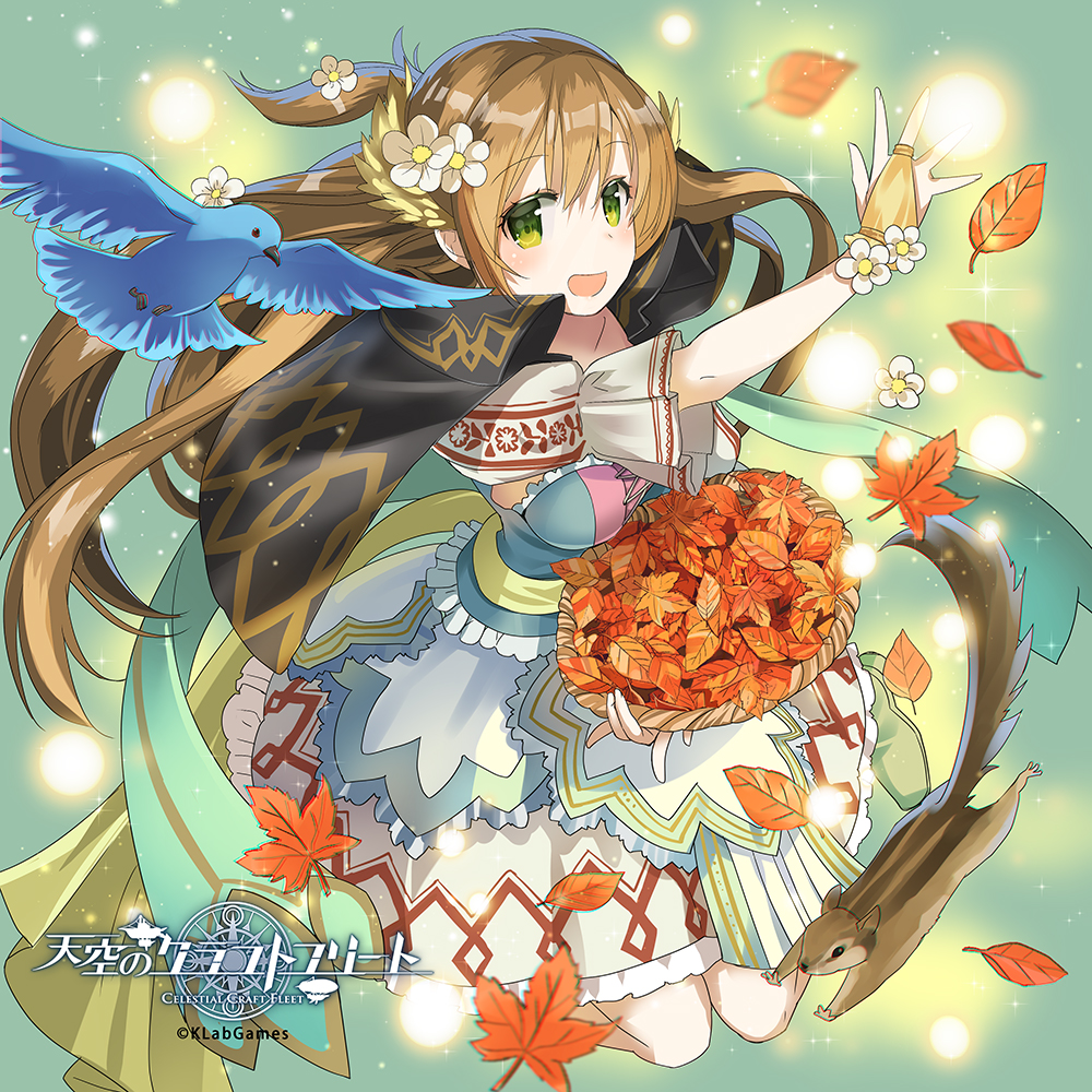 1girl aqua_background arm_up bangs bird blush breasts bridal_gauntlets capelet commentary company_name copyright_name eyebrows_visible_through_hair feathered_wings flower green_eyes hair_flower hair_ornament head_wings holding leaf light_brown_hair long_hair looking_at_viewer medium_breasts naruse_chisato official_art open_mouth short_sleeves skirt smile solo squirrel tenkuu_no_craft_fleet wings yellow_wings