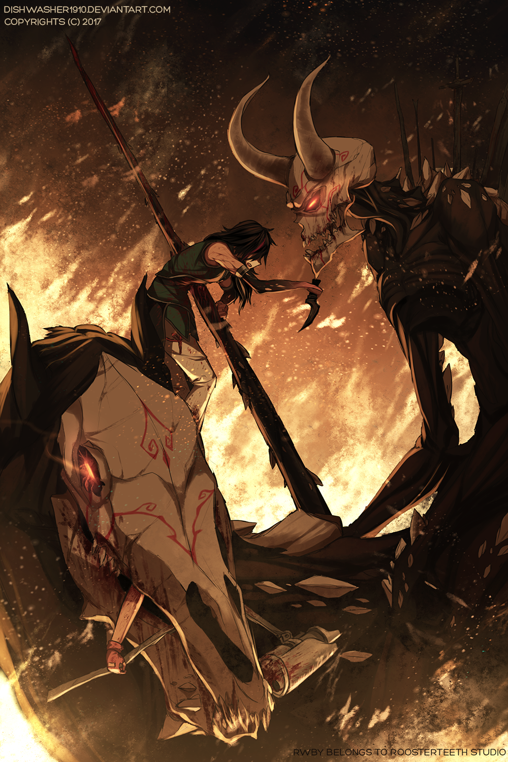 1boy 1girl bleeding blood burning dishwasher1910 glowing glowing_eyes grimm highres horns lie_ren nora_valkyrie rwby skull sword warhammer weapon