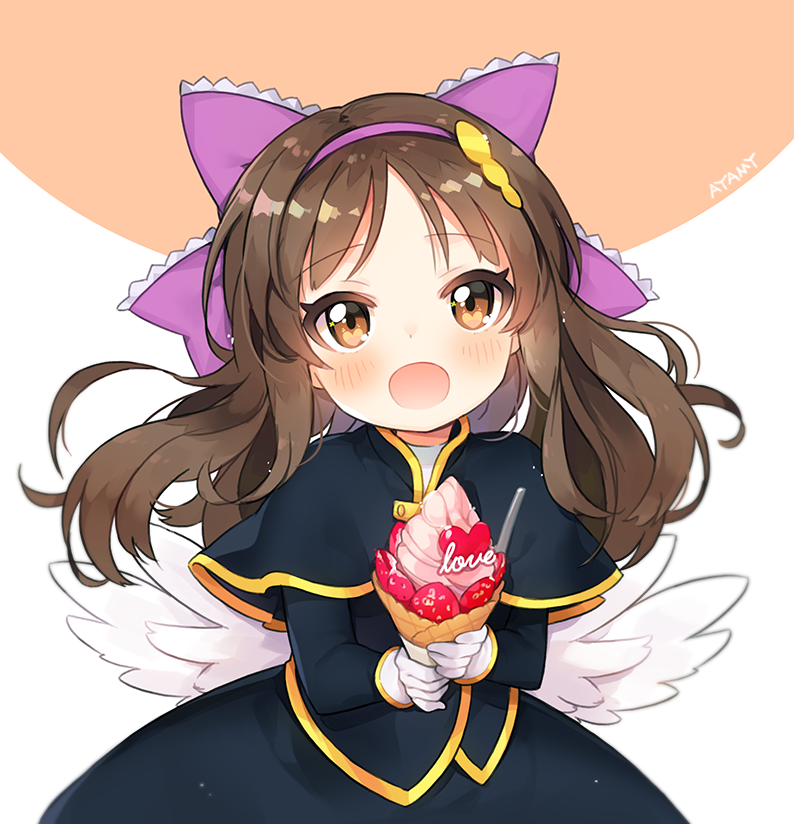 1girl :d artist_name ayami_(annahibi) bangs blurry blush bow brown_eyes brown_hair capelet cone depth_of_field eyebrows_visible_through_hair feathered_wings floating_hair food frilled_bow frills fruit gloves hair_bow hair_ornament hairband heart holding holding_food ice_cream_cone idolmaster idolmaster_cinderella_girls long_hair looking_at_viewer open_mouth orange_background project_krone smile solo strawberry tachibana_arisu two-tone_background upper_body waffle_cone white_background white_gloves white_wings wings