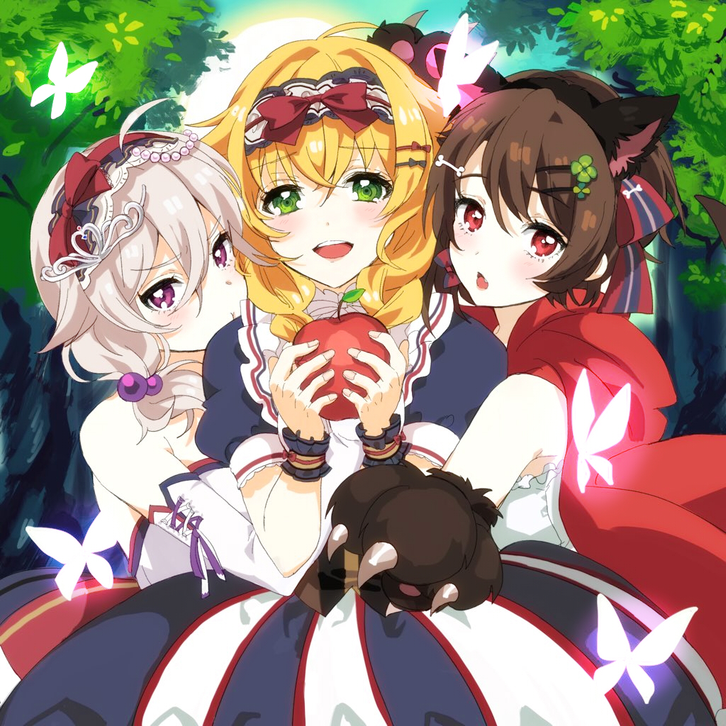 3girls :d :o :t ahoge animal_ears apple armpit_peek blonde_hair blush brown_hair butterfly cinderella cinderella_(cosplay) cinderella_(grimm) cloak cosplay cowboy_shot day dress elbow_gloves fake_animal_ears fang food forest fruit gloves glowing_butterfly green_eyes hair_bobbles hair_ornament hair_ribbon hairband hairclip little_red_riding_hood little_red_riding_hood_(cosplay) little_red_riding_hood_(grimm) lolita_hairband multiple_girls nature nochita_shin open_mouth original paw_gloves puffy_short_sleeves puffy_sleeves red_eyes ribbon short_sleeves silver_hair smile snow_white snow_white_(cosplay) snow_white_and_the_seven_dwarfs teeth violet_eyes wolf_ears
