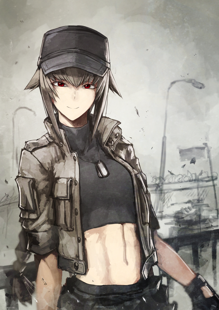 1girl abs baseball_cap braid brown_hair dog_tags fence gloves ground_vehicle hat helevu hetza_(hellshock) long_hair looking_at_viewer midriff military military_vehicle motor_vehicle navel original railing red_eyes solo tank