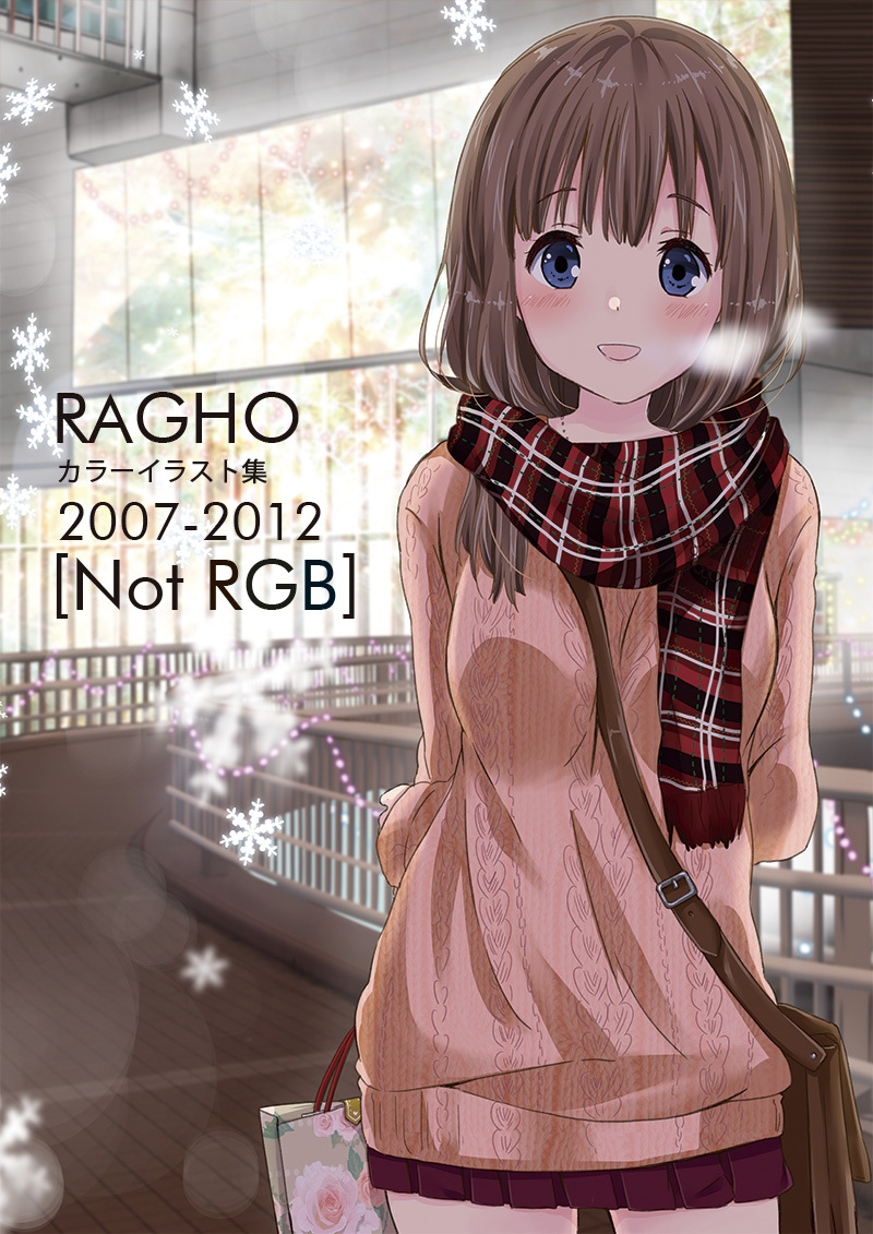 1girl argyle argyle_sweater arm_behind_back artist_name bag blue_eyes blurry blush bokeh breath bridge brown_hair checkered_scarf cover cover_page cowboy_shot depth_of_field doujin_cover enpera holding_bag looking_at_viewer open_mouth original outdoors pleated_skirt purple_skirt ragho_no_erika satchel scarf skirt smile snowflakes solo strap_cleavage sweater