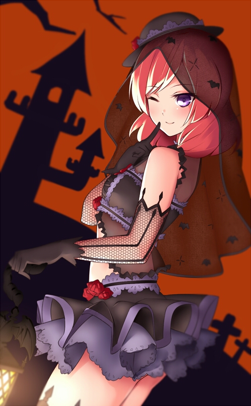 1girl bare_shoulders fishnet_fabric gloves halloween hat love_live! love_live!_school_idol_festival love_live!_school_idol_project nishikino_maki redhead short_hair sivay skirt solo thigh-highs thighs veil violet_eyes