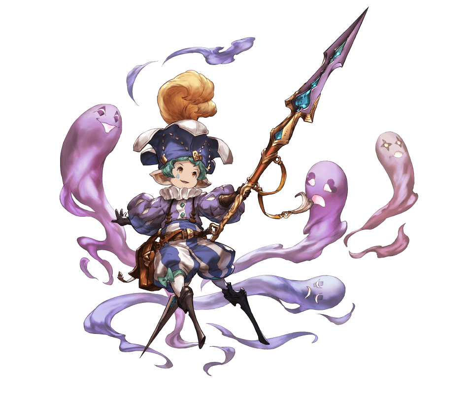 1boy belt blue_hair bow facial_tattoo feathers ghost gloves granblue_fantasy harbin hat minaba_hideo official_art open_mouth orange_eyes pointy_ears polearm solo spear tattoo transparent_background ulamnuran weapon