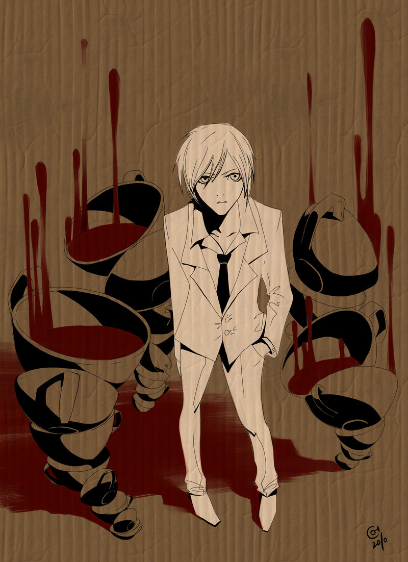 1boy alice?_(are_you_alice?) are_you_alice? artist_request blood cup formal hands_in_pockets looking_ahead looking_up male_focus necktie open_mouth short_hair solo