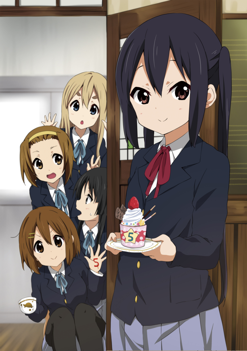 &gt;:&gt; &gt;:o 5girls :o akiyama_mio black_hair black_legwear blazer blonde_hair blue_eyes blue_ribbon blue_skirt blush brown_eyes brown_hair chocolate classroom collared_shirt cup cupcake food forehead fruit hair_between_eyes hair_ornament hairband hairclip hirasawa_yui holding holding_cup holding_plate indoors jacket k-on! kotobuki_tsumugi long_hair looking_at_another looking_at_viewer multiple_girls nakano_azusa open_mouth pantyhose plate pleated_skirt pocky ragho_no_erika red_ribbon ribbon school_uniform shirt short_hair skirt smile sprinkles squatting strawberry sweatdrop tainaka_ritsu thick_eyebrows twintails v whipped_cream white_shirt