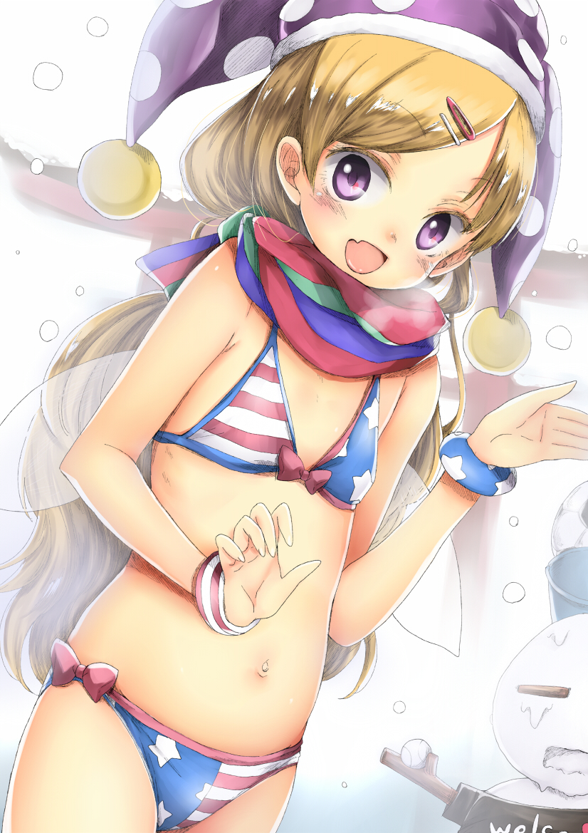 1girl american_flag_bikini ball baseball bikini black_skirt blonde_hair blush chikado clothes_writing clownpiece cowboy_shot flag_print flat_chest hair_ornament hairclip hat jester_cap long_hair looking_at_viewer navel polka_dot scarf shirt skirt snowing snowman solo star star_print striped swimsuit t-shirt touhou violet_eyes wrist_cuffs