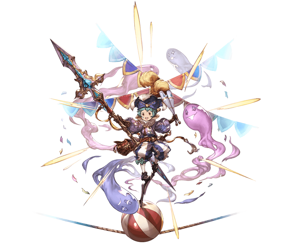 1boy ball belt blue_hair bow facial_tattoo feathers ghost gloves granblue_fantasy harbin hat minaba_hideo official_art open_mouth orange_eyes pointy_ears polearm solo spear tattoo transparent_background ulamnuran weapon