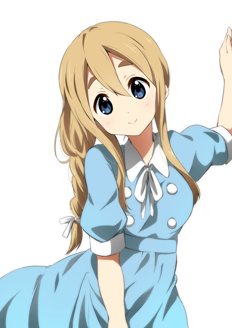 1girl arm_up blonde_hair blue_dress blue_eyes blush braid dress hair_between_eyes k-on! kotobuki_tsumugi long_hair looking_at_viewer ragho_no_erika ribbon simple_background single_braid smile solo thick_eyebrows upper_body white_background white_ribbon