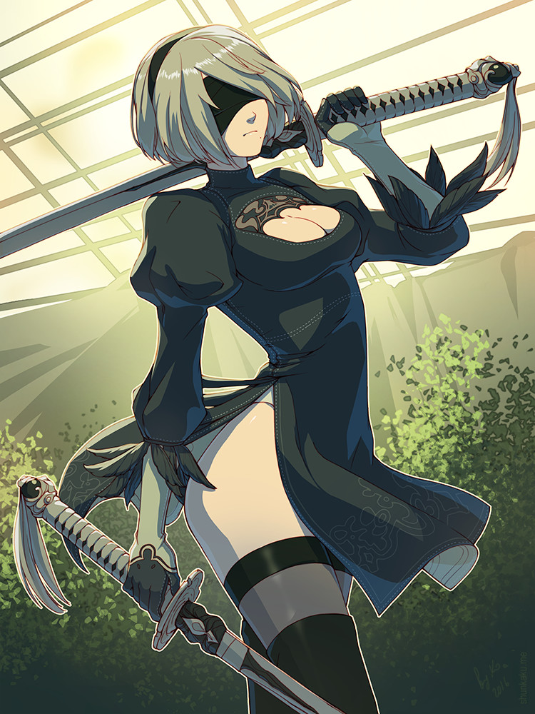 1girl android artist_name black_boots black_dress black_gloves black_hairband black_legwear blindfold boots breasts cleavage cleavage_cutout closed_mouth covered_eyes cowboy_shot dated dress dual_wielding gloves hairband hand_up highleg highleg_leotard holding holding_sword holding_weapon juliet_sleeves katana leotard long_sleeves medium_breasts mole mole_under_mouth nier_(series) nier_automata over_shoulder puffy_sleeves short_dress short_hair shunkaku side_slit signature silver_hair solo sword tassel thigh-highs thigh_boots turtleneck unsheathed vambraces watermark weapon weapon_over_shoulder web_address white_leotard yorha_unit_no._2_type_b