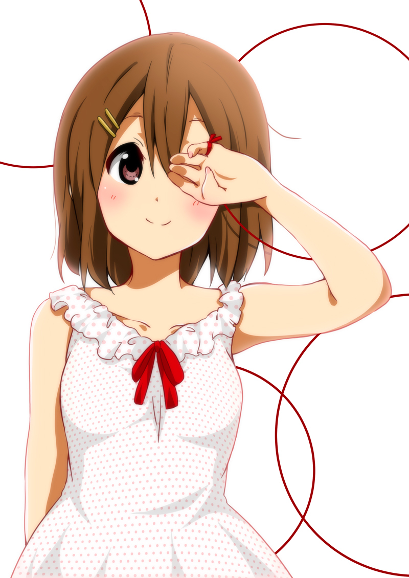 1girl arm_up bangs blush brown_eyes brown_hair circle covering_one_eye dress finger_ribbon hair_between_eyes hair_ornament hairclip hirasawa_yui polka_dot polka_dot_dress ragho_no_erika red_ribbon ribbon short_hair smile solo upper_body white_background white_dress