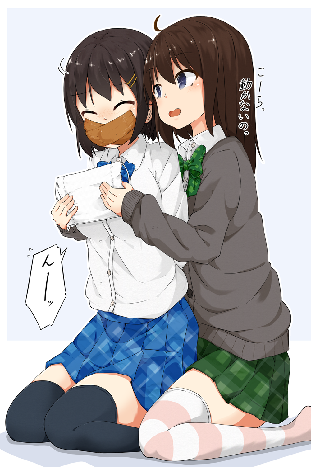 2girls arms_behind_back blue_eyes bow closed_eyes commentary gag gagged hair_ornament hairclip highres hoojiro_(found1093) improvised_gag kneeling mask multiple_girls original skirt speech_bubble surgical_mask tape tape_gag thigh-highs