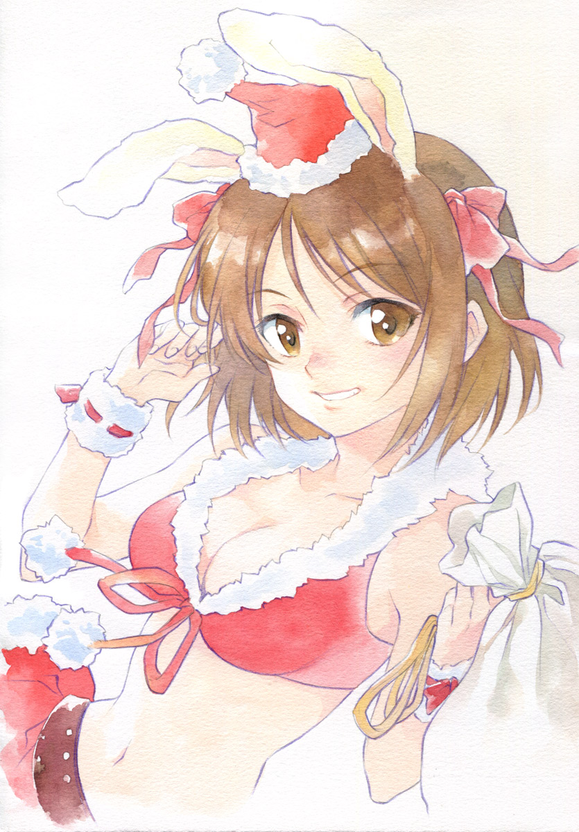 1girl agahari animal_ears belt breasts brown_eyes brown_hair christmas cleavage crop_top front-tie_top fur_trim hair_ribbon hat highres looking_at_viewer midriff navel rabbit_ears ribbon sack santa_hat short_hair sketch skirt solo suzumiya_haruhi suzumiya_haruhi_no_yuuutsu traditional_media wristband