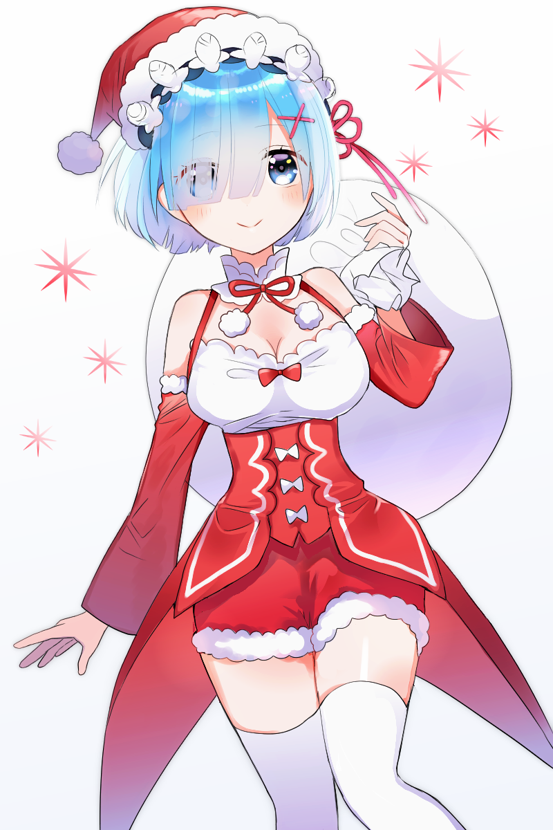 1girl blue_eyes blue_hair blush breasts christmas cleavage detached_sleeves fur_trim gift_bag hair_ornament hair_over_one_eye hair_ribbon hat headdress highres looking_at_viewer matching_hair/eyes medium_breasts merry_christmas mosu2 pom_poms re:zero_kara_hajimeru_isekai_seikatsu red_shorts rem_(re:zero) ribbon santa_costume santa_hat shiny shiny_skin short_hair shorts simple_background smile solo standing thigh-highs white_background white_legwear x_hair_ornament