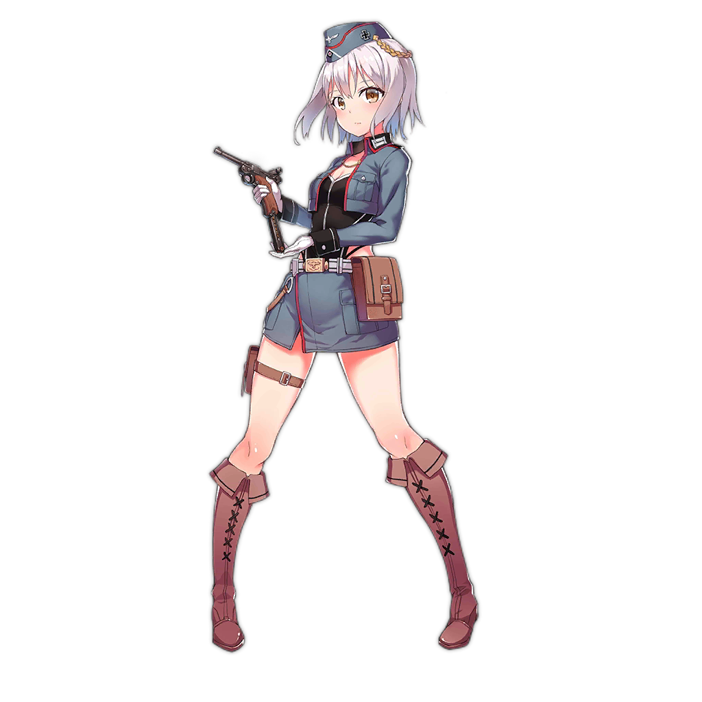 1girl artist_request belt boots brown_eyes full_body girls_frontline gloves gun handgun hat knee_boots looking_at_viewer luger_p08 official_art p08_(girls_frontline) pistol pouch reloading short_hair silver_hair skirt solo thigh_strap transparent_background weapon