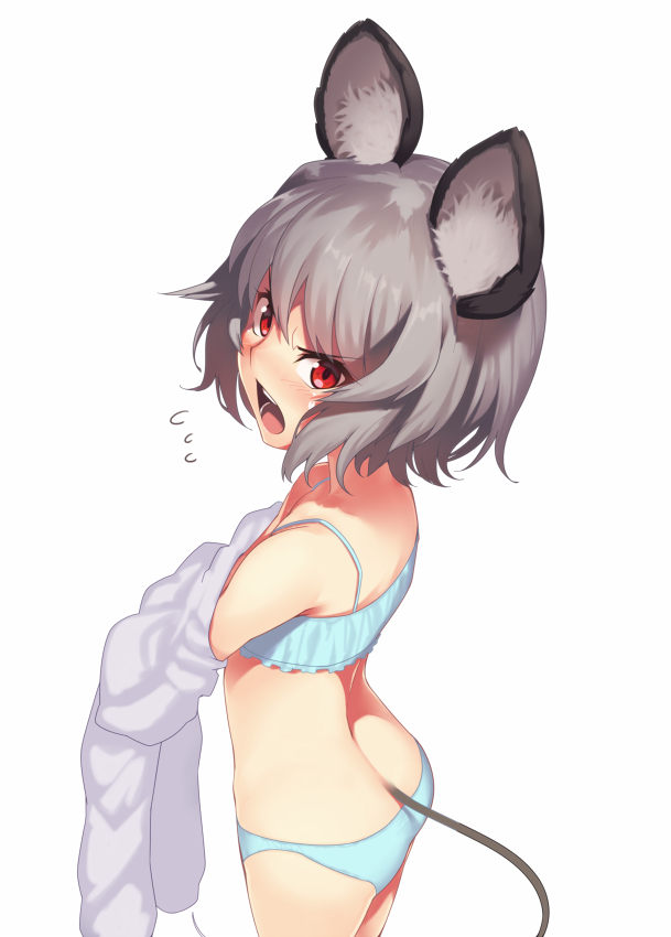 1girl angry animal_ears back blush bra cinderella_bust flying_sweatdrops full-face_blush grey_hair kaiza_(rider000) looking_at_viewer mouse_ears mouse_tail nazrin open_mouth panties red_eyes shirt short_hair simple_background solo tail touhou underwear underwear_only white_background