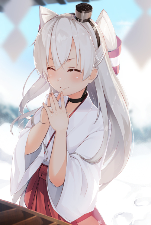 1girl amatsukaze_(kantai_collection) blonde_hair blurry blush box choker closed_eyes depth_of_field donation_box hair_tubes hairband hakama hands_together hat japanese_clothes kantai_collection long_hair long_sleeves meth_(emethmeth) miko mini_hat red_hakama shide smile solo twintails wide_sleeves