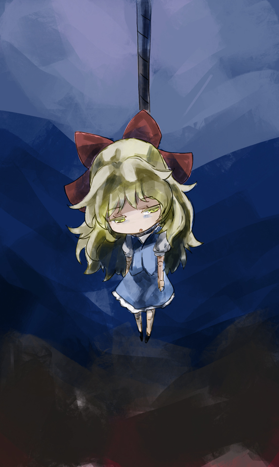 blonde_hair bow doll_joints hair_bow hanging hourai_doll no_hat no_headwear open_mouth touhou yellow_eyes yohane