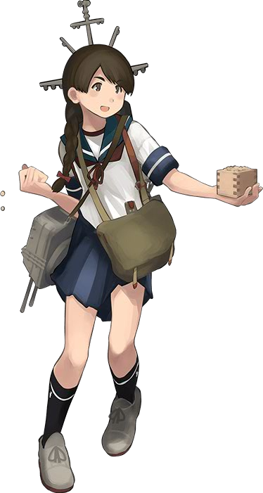 1girl bag beans black_legwear blue_skirt braid brown_eyes brown_hair chains full_body hair_over_shoulder hair_ribbon handbag holding kantai_collection kneehighs long_hair machinery official_art open_mouth pleated_skirt ribbon school_uniform serafuku shibafu_(glock23) short_hair short_sleeves single_braid skirt solo torpedo transparent_background tress_ribbon turret uranami_(kantai_collection) weapon