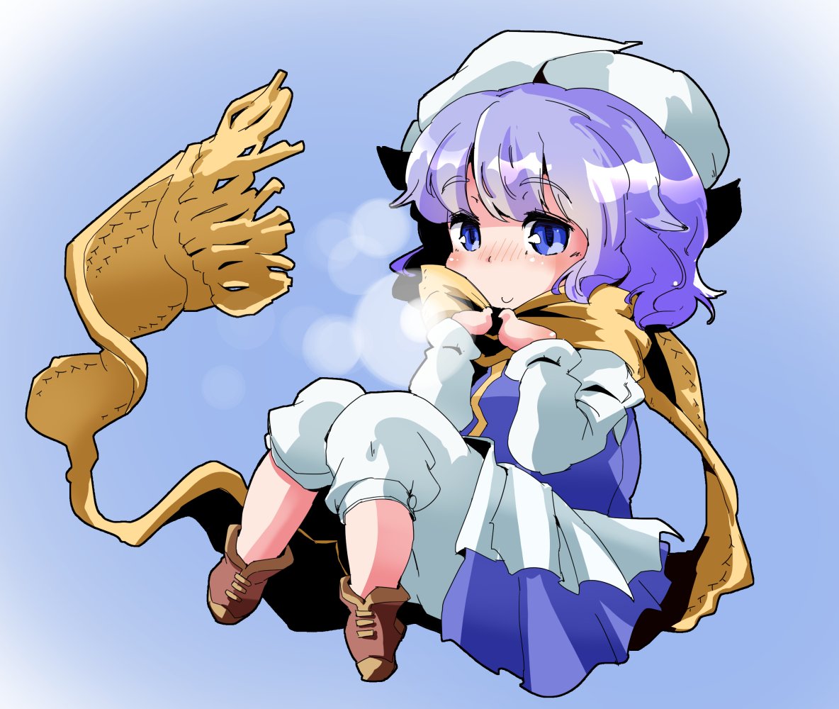 1girl apron blue_background blue_eyes blue_hair blue_skirt blue_vest blush brown_shoes eyebrows_visible_through_hair full_body gradient gradient_background hat juliet_sleeves letty_whiterock long_sleeves looking_at_viewer matching_hair/eyes pants puffy_pants puffy_sleeves scarf shinapuu shoes skirt smile solo touhou vest waist_apron white_apron white_hat white_pants yellow_scarf