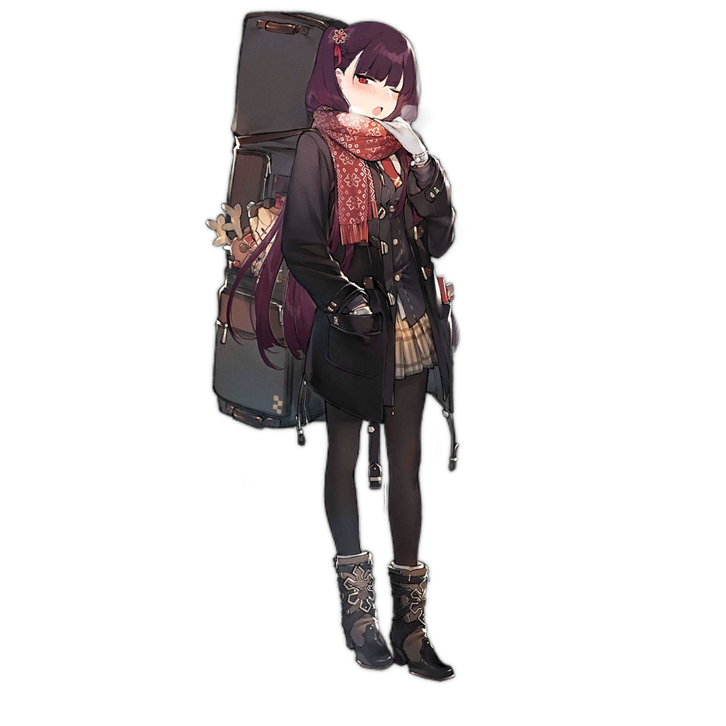1girl bag black_jacket black_legwear blazer blush boots buttons carrying carrying_over_shoulder eyebrows full_body gift girls_frontline glasses gloves hair_between_eyes hair_ornament hair_ribbon jacket looking_at_viewer necktie official_art one_eye_closed open_mouth pantyhose personification pleated_skirt purple_hair red_eyes red_scarf reindeer ribbon scarf scarf_over_mouth side_ponytail skirt solo standing strap transparent_background wa2000_(girls_frontline) white_gloves |_|