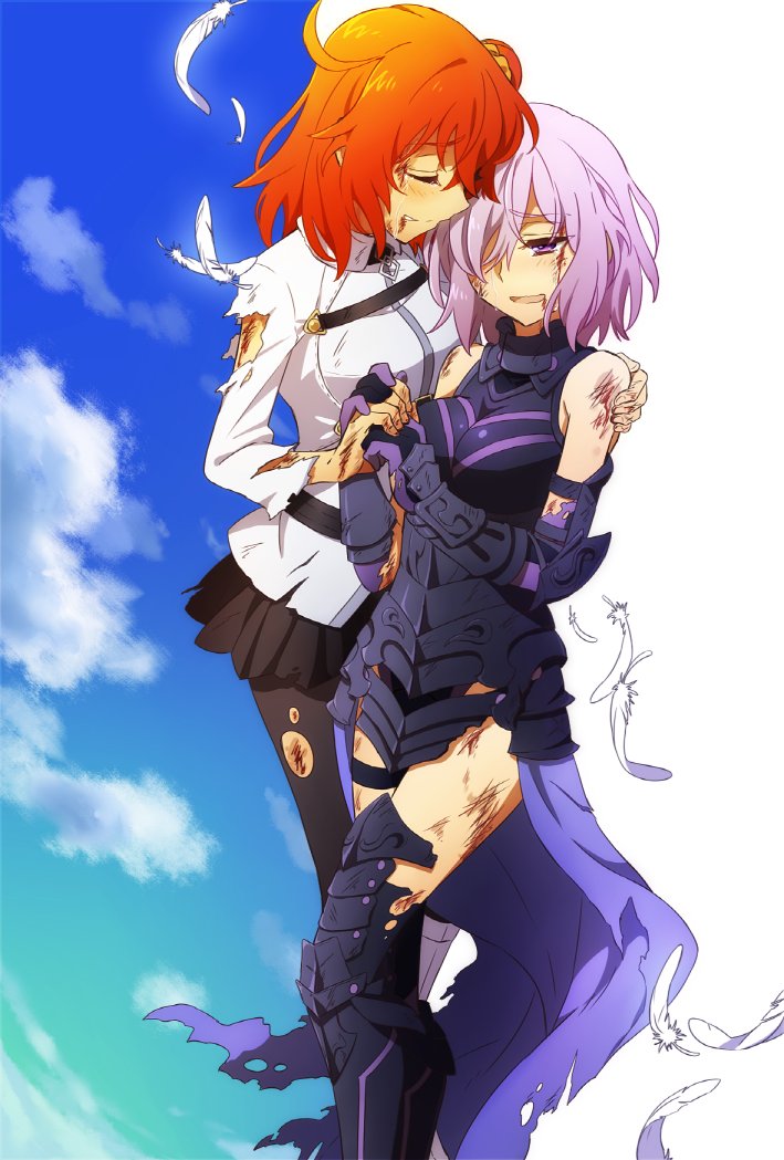 2girls bare_shoulders blood bruise closed_eyes fate/grand_order fate_(series) feathers fujimaru_ritsuka_(female) gauntlets greaves hair_over_one_eye hand_holding height_difference injury multiple_girls oiun orange_hair pantyhose purple_hair shielder_(fate/grand_order) short_hair short_ponytail side_ponytail tears violet_eyes