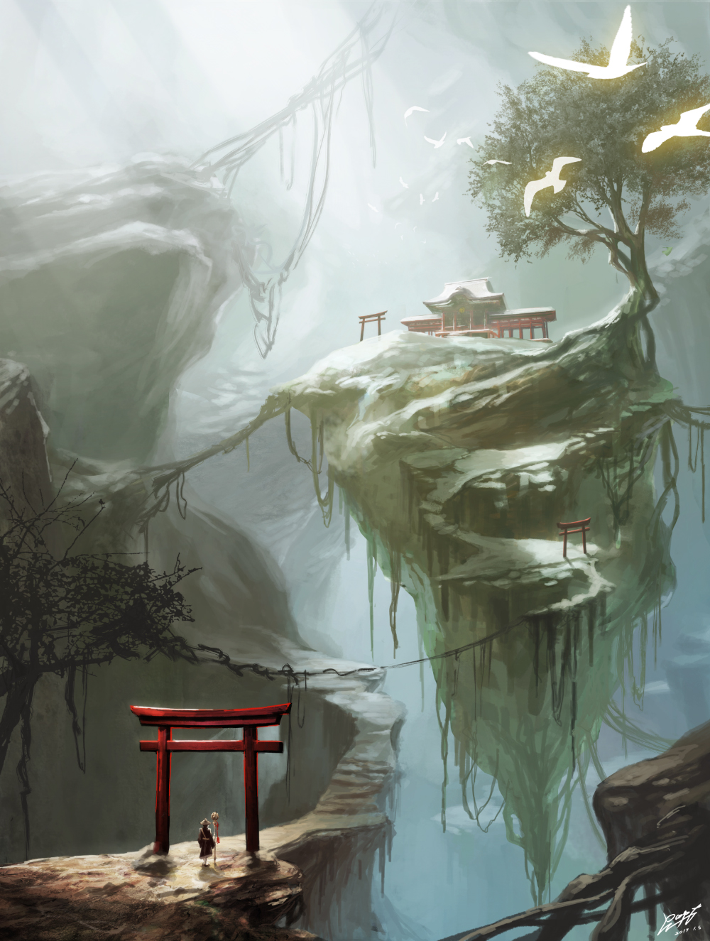 ajirogasa architecture bird commentary dated east_asian_architecture fantasy floating_island glowing hat highres light monk original path plant rapt_(47256) road scenery shrine signature staff straw_hat sunlight torii tree vines