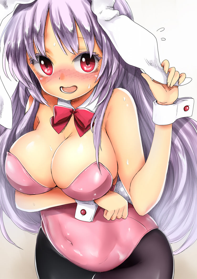 1girl animal_ears bare_shoulders black_legwear blush bow bowtie breasts bunnysuit chikado cleavage commentary_request covered_navel cowboy_shot detached_collar ear_pull ears_down embarrassed large_breasts long_hair looking_at_viewer open_mouth pantyhose purple_hair rabbit_ears red_bow red_bowtie red_eyes reisen_udongein_inaba simple_background solo sweat touhou translated wrist_cuffs