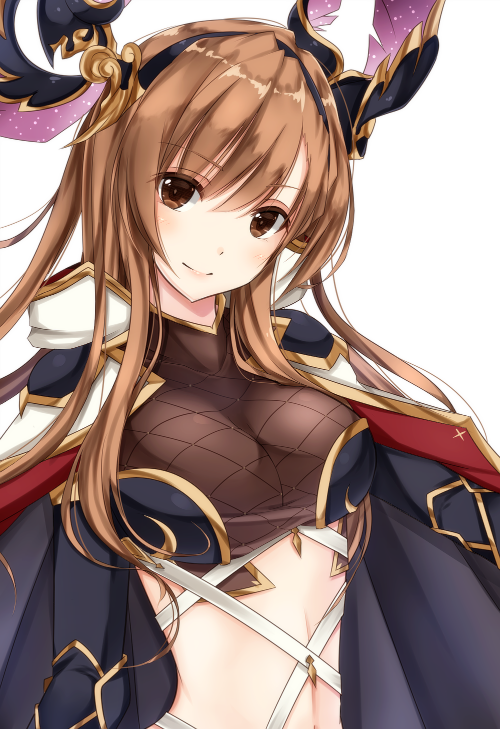 1girl arms_at_sides breasts brown_eyes brown_hair cape fishnets granblue_fantasy head_wings headgear highres kirbyffcc large_breasts long_hair looking_at_viewer navel orange_hair smile song_(granblue_fantasy) upper_body