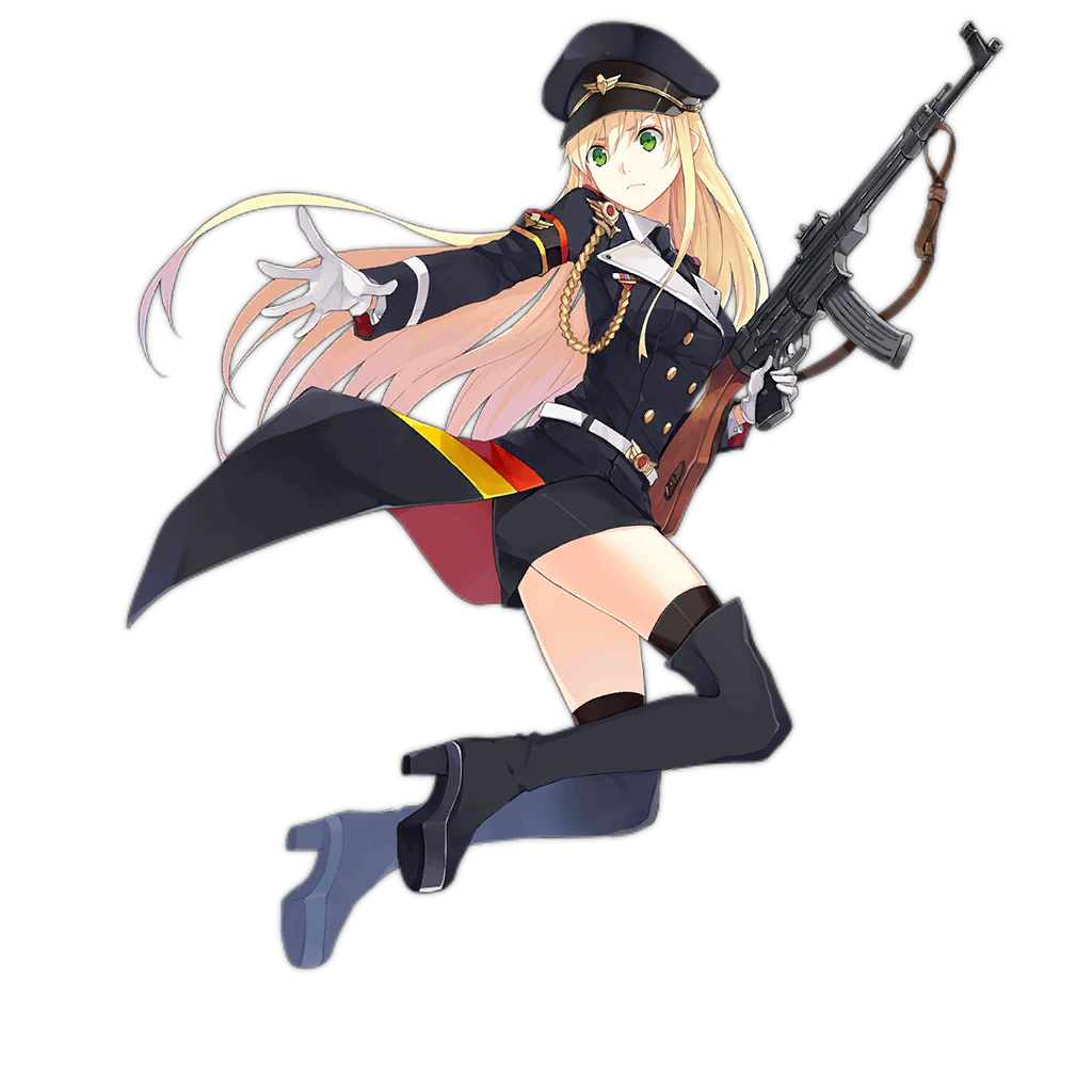 1girl artist_request assault_rifle blonde_hair boots full_body german_clothes german_flag girls_frontline gloves green_eyes gun hat high_heels long_hair magazine_(weapon) military military_uniform necktie official_art rifle solo stg44 stg44_(girls_frontline) thigh-highs thigh_boots transparent_background uniform weapon