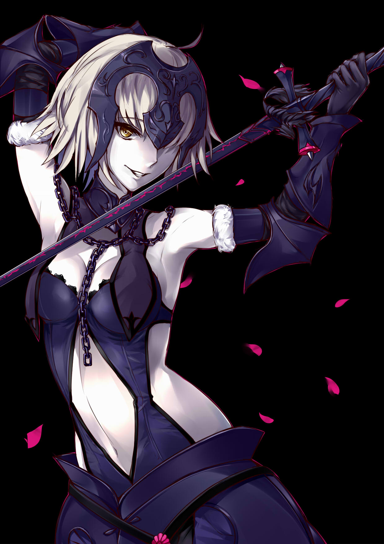 1girl arm_behind_head armor armpits black_background black_gloves breasts cleavage elbow_gloves fate/grand_order fate_(series) gauntlets gloves grin helmet highres holding holding_sword holding_weapon jeanne_alter looking_at_viewer navel pale_skin petals ruler_(fate/apocrypha) short_hair simple_background smile solo sword teeth tonyxx50 weapon white_hair