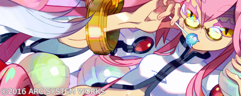 1girl 2016 bangle bangs blazblue blazblue:_central_fiction bracelet breasts candy cat_tail colored_eyelashes eyebrows_visible_through_hair fingernails food glasses hair_between_eyes holding holding_food jewelry kokonoe lollipop long_hair midriff official_art pince-nez pink_hair slit_pupils small_breasts solo tail take_(illustrator) watermark wide_sleeves yellow_eyes